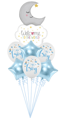 Léggömbcsokor kisfiú születéséhez Welkome To The World 7db