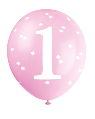 Léggömb 1. születésnap rózsaszín pöttyös 30cm 5db