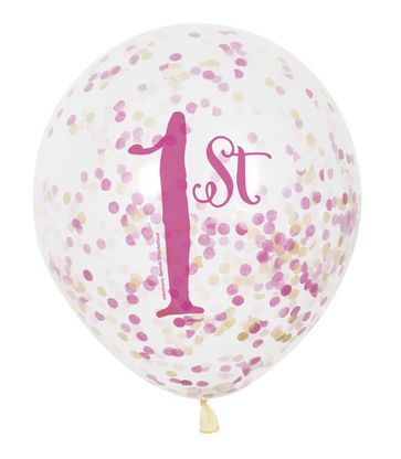 Léggömbök konfettivel 1. születésnap rózsaszín 30cm 6db