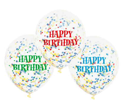 Léggömbök konfettivel Happy Birthday színes 30cm 6db