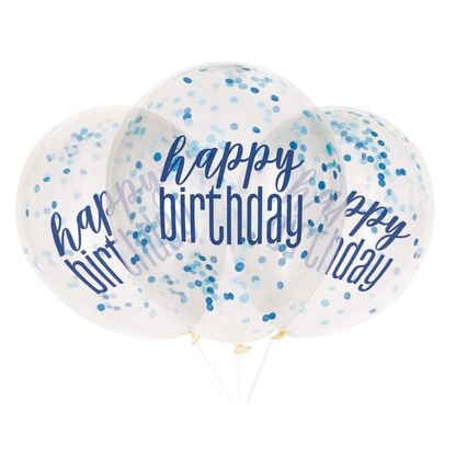 Léggömbök konfettivel Happy Birthday kék 30cm 6db