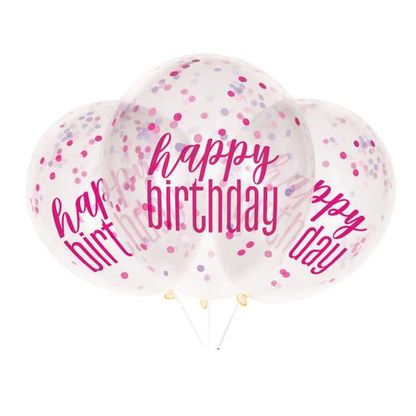 Léggömbök konfettivel Happy Birthday rózsaszín 30cm 6db