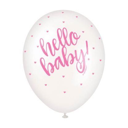 Léggömbök szívecskékkel Hello Baby rózsaszín 30cm 5db