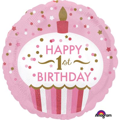 Fólia léggömb 1st Birthday Cupcake rózsaszín 45cm