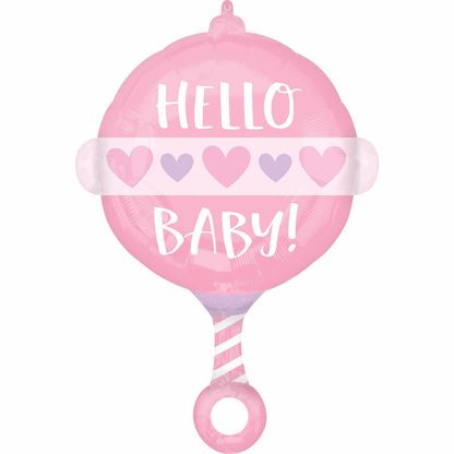 Fólia léggömb baba csörgő Hello Baby rózsaszín 45cm