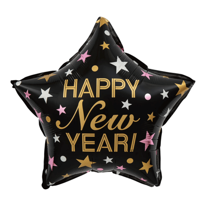 Fólia léggömb csillag Happy New Year fekete 45cm