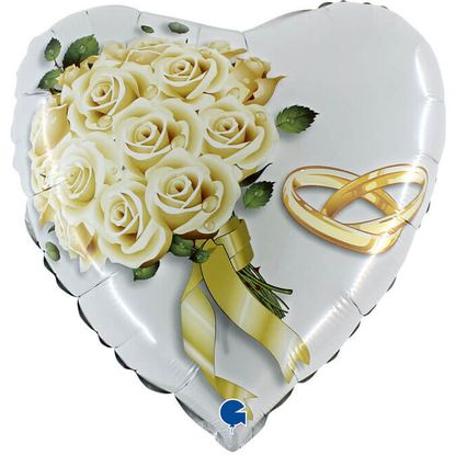 Fólia léggömb Szív fehér rózsák és gyűrű 46cm