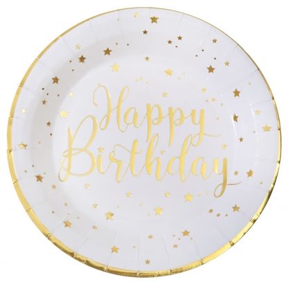 Tányér Happy Birthday fehér-arany 23cm 10db