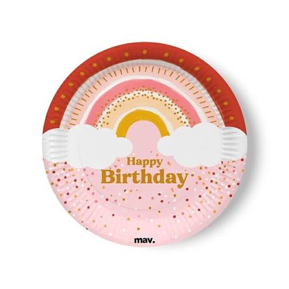 Tányér Happy Birthday Rosegold szivárvány 23cm 8db