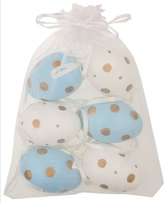 Húsvéti tojások fehér-kék pöttyökkel 6cm 6db