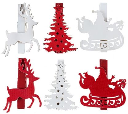 Karácsonyi dekorációs csipeszek fehér-piros 4,5x5cm 6db